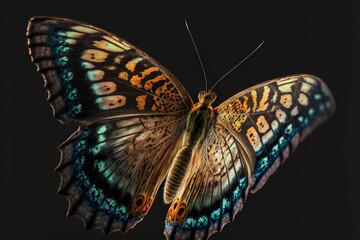  a large butterfly with blue and yellow wings on a black background with a black back ground and a black background with a black back ground.  generative ai