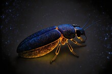  A Blue Bug With Yellow Speckles On It's Back Legs And Legs, Standing On A Black Surface With Stars In The Background.  Generative Ai