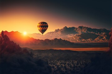  a hot air balloon flying over a mountain range at sunset or sunrise or sunrise in a hot air balloon, with mountains in the background.  generative ai