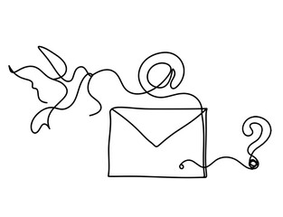 Wall Mural - Abstract paper envelope with bird and question mark as line drawing on white background