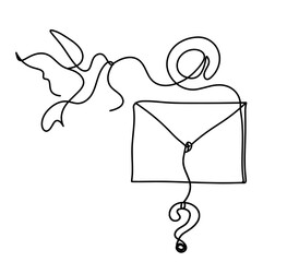 Wall Mural - Abstract paper envelope with bird and question mark as line drawing on white background