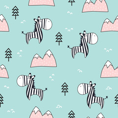 Wall Mural - Cute seamless pattern with zebra. Vector childish illustration. Suitable printing on textile, fabric, paper, wallpaper, kids apparel