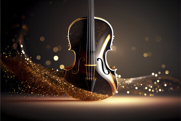 Beautiful cello isolated on a dark and gold background, with glitters and lights. For your advertisement and banners, classic music poster. AI generated.