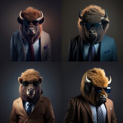 Wall Mural - Illustration of American bison photography in a suit as mascot character generative ai