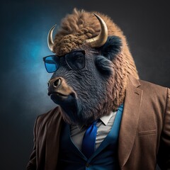 Wall Mural - Illustration of bison photography in a suit as mascot character generative ai