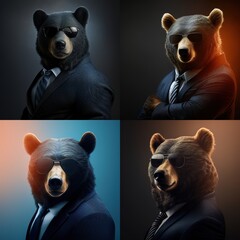 Wall Mural - Illustration of black bear photography in a suit as mascot fun human-like character  generative ai