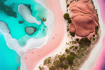  Spectacular top view from drone photo of beautiful pink beach. Generative AI