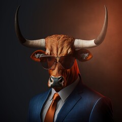 Wall Mural - Illustration of Longhorn bull photography in a suit as mascot character generative ai