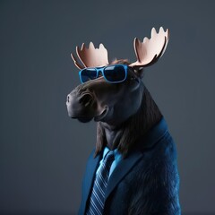 Wall Mural - Illustration of a moose photography in a suit as mascot fun human-like character  generative ai