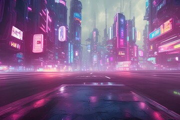 Wall Mural - Photo realistic 3d visual of futuristic city to include cyberpunk. Empty street with neon lights. Beautiful night city view. Grunge kids landscape - generative ai