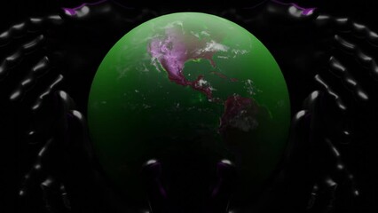 Wall Mural - black background with rotating planet and patterns. design. around its axis is a rotating planet ear