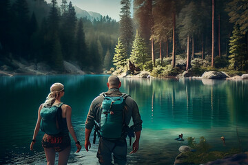 Man and a woman going to swim in the forest lake. Created with Generative AI technology