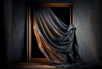 silk curtain draped over large wooden frame on dark background, generative ai