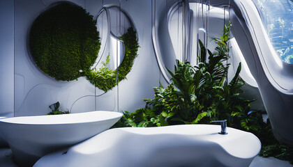 Poster - Contemporary, Futuristic Bathroom with Large Round Windows, Surrounded by Plants. Generative AI