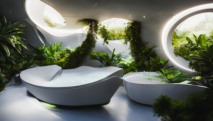 Poster - Contemporary, Futuristic Bathroom with Large Round Windows, Surrounded by Plants. Generative AI