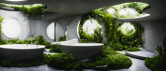 Poster - Contemporary, Futuristic Bathroom with Large Round Windows, Surrounded by Plants. Generative AI