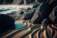  Some Rocks And Water On A Beach Near A Cliff And A Cliff Face In The Distance With A Wave Coming In From The Water And A Large Rock Formation In The Foreground.  Generative Ai