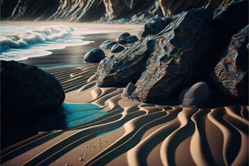  some rocks and water on a beach near a cliff and a cliff face in the distance with a wave coming in from the water and a large rock formation in the foreground.  generative ai