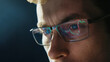 Portrait of trader wearing eyeglasses with reflection cryptocurrency chart. Close-up portrait of man analysing stock market. Copy space