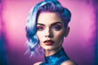 © Viviana - beautiful woman whit purple and blue hair, colored hair, hair dye, colorimetry, beauty salon, skin care banner, banner for cosmetic center, make up, generative ai