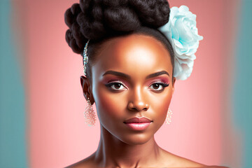 beautiful afro american woman, bridal banner, banner for bridal hairstyle and make up, generative ai