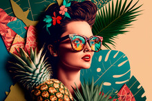 Fashion Girl Wearing Sunglasses And Pineapple, Tropical Leaf. Paper Collage Illustration, Hand Made, Scrapbook, Сoncept Of Beauty And Vacation. 2023s. Generative AI