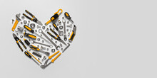 A Symbolic Heart Made Of Construction Tools. Creative 3d Render Illustration For Design Templates On Engineering, Construction, Interior Finishing, Repair And Maintenance Themes.