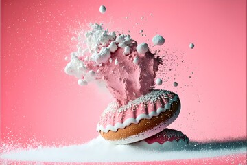 Icing sugar explosion in delicious candy of bakery with pink background.  Generative AI.
