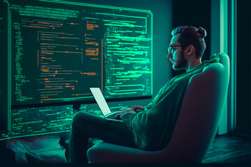 Freelancer program developer working on new app software, sitting in comfortable chair, typing in front of pc, isolated on digital wall with code. Generative AI