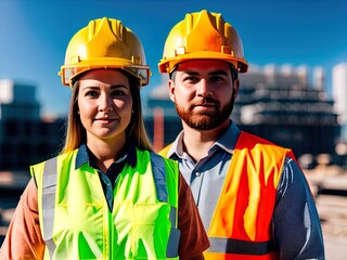 Woman wearing hard hat on a construction site. Made with Generative AI.