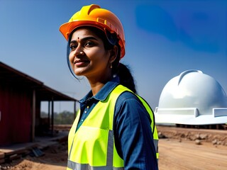 Wall Mural - Woman wearing hard hat on a construction site. Made with Generative AI.