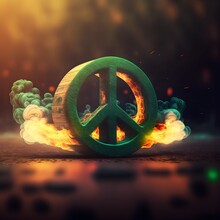 A Wooden Peace Symbol On A Green Burning Car Photorealistic Rich In Detail Blurred Background Fire 4k Hdr 