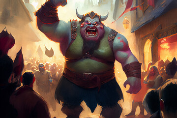A giant ogre, with a big belly and sharp teeth, threatening a group of terrified villagers, generative ai