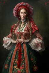 Dress in zhostovo style, concept of Folk Art and Floral Design, created with Generative AI technology