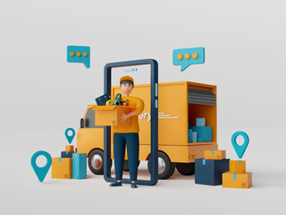 Wall Mural - E-commerce concept, Transportation shipment delivery by truck, 3d illustration