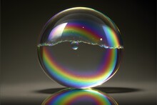  A Soap Bubble With A Rainbow Colored Liquid Inside Of It On A Reflective Surface With A Reflection Of The Inside Of The Bubble And A Black Background.  Generative Ai