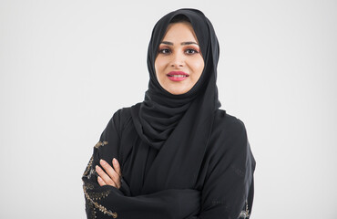 Beautiful woman from Dubai posing on colored background with traditional abaya.