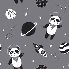 Wall Mural - Space adventure panda seamless pattern. Cartoon bear, hand drawing lettering, decor elements. Scandinavian monochrome flat style. baby design for cards, posters, t-shirt print.