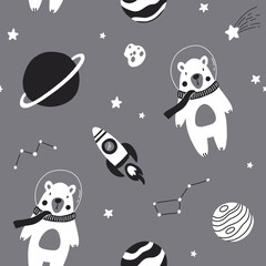 Wall Mural - Seamless monochrome childish pattern with astronaut polar bears, planet, stars and constellation. Creative scandinavian kids texture for fabric, wrapping, textile, wallpaper, apparel.
