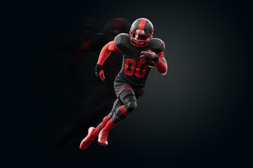 American Football player in red and black uniform in running pose on black background. American Football, advertising poster, template, blank, sports. 3D illustration, 3D rendering.