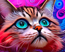 Generative AI, Portrait Of A Fluffy Cat Painted In Oil Painting Style With Splashes Of Colored Paint In Beautiful Fluffy Long Hair, Detailed Cat Eyes, 3D Cinematic Studio Lighting.