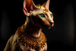 Generative AI, Sphynx cat with ornate expensive jewelry made of precious metals and gems, stylized illustration of a fashionable hairless cat