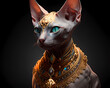 Generative AI, Sphynx cat with ornate expensive jewelry made of precious metals and gems, stylized illustration of a fashionable hairless cat