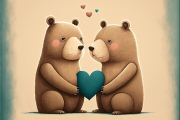  a couple of bears sitting next to each other holding a heart shaped object in front of a blue heart with hearts flying above them on a beige background.  generative ai