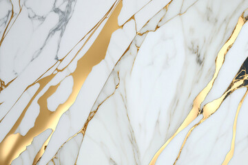 Wall Mural - White and gold marble slabs background. Stone texture composition. Backdrop for food photography or another ideas. Artistic banner, grunge graphic design. Free copy space. 3D.