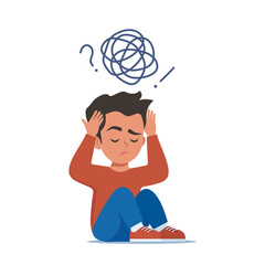 Sad boy sitting on floor surrounded by stream of anxious thoughts. Autism, child stress, mental disorder, anxiety, depression, stress, headache. Vector illustration.