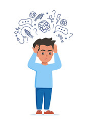 Wall Mural - Sad boy standing on floor surrounded by stream of anxious thoughts. Autism, child stress, mental disorder, anxiety, depression, stress, headache. Child plugged ears with hands. Vector illustration.