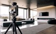 caméra 360 degrés posé sur un trépied, dans un salon moderne pour création d'une visite virtuelle - illustration ia