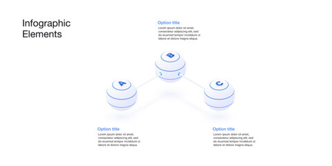 Business process chart infographics with 3 step spheres. Spherical workflow graphic elements. Company flowchart presentation slide. Vector info graphic in isometric design.