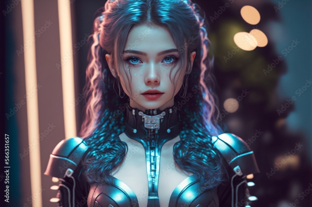 A fashion photograph depicts a cyborg young and pretty girl in the ...